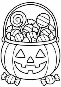 Halloween-themed coloring page with a candy bucket shaped like a pumpkin filled with assorted candies. Perfect for children to color with various bright colors.