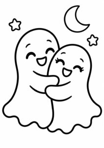 Two adorable ghosts hugging under a crescent moon and two stars, creating a warm and friendly Halloween scene ideal for a children's coloring activity.