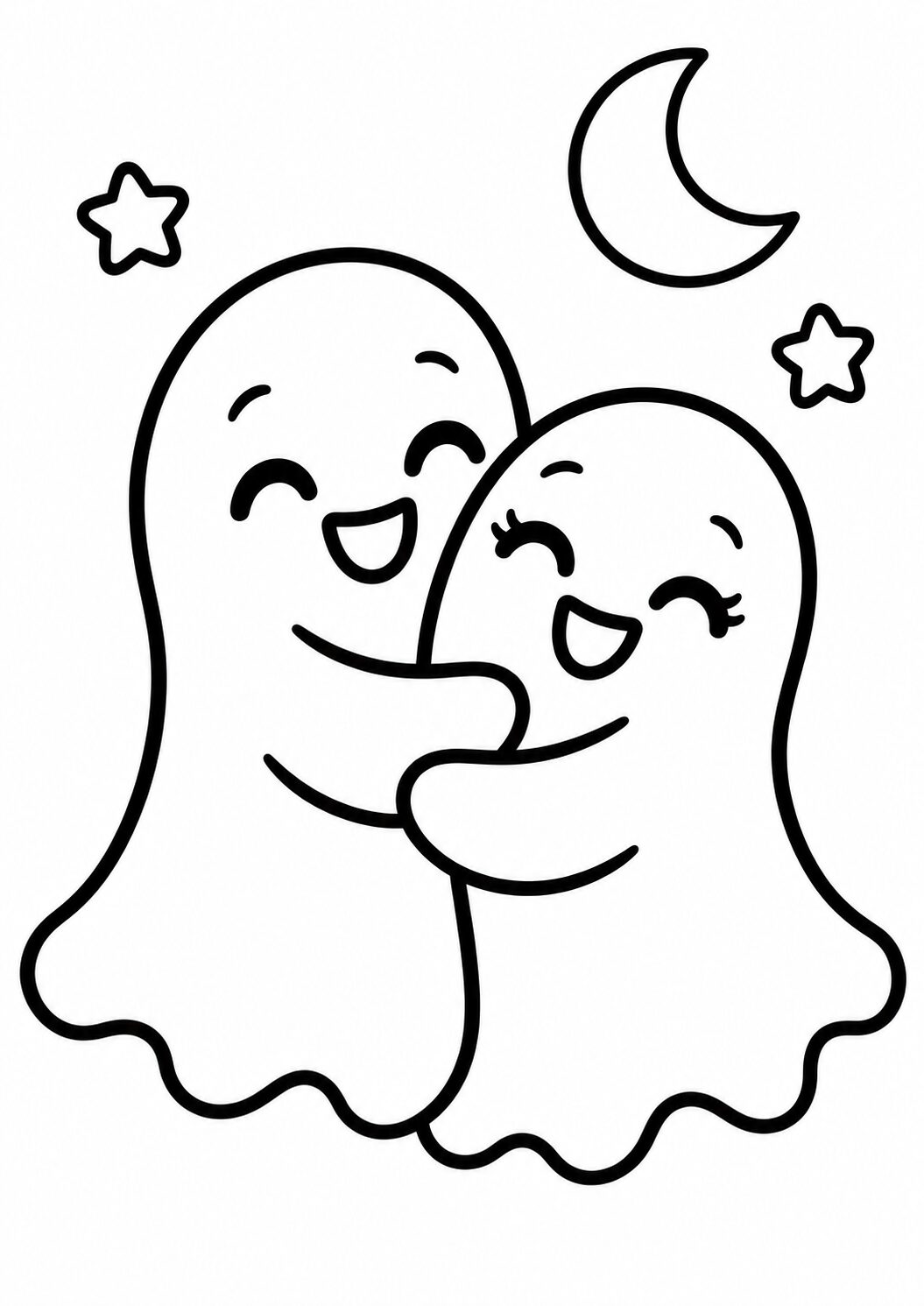 Two adorable ghosts hugging under a crescent moon and two stars, creating a warm and friendly Halloween scene ideal for a children's coloring activity.