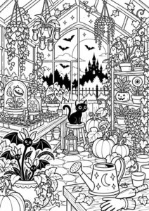 A Halloween greenhouse coloring page with mystical plants, a black cat, pumpkins, and bats flying against a spooky castle backdrop. Ideal for kids who love Halloween and imaginative coloring activities.