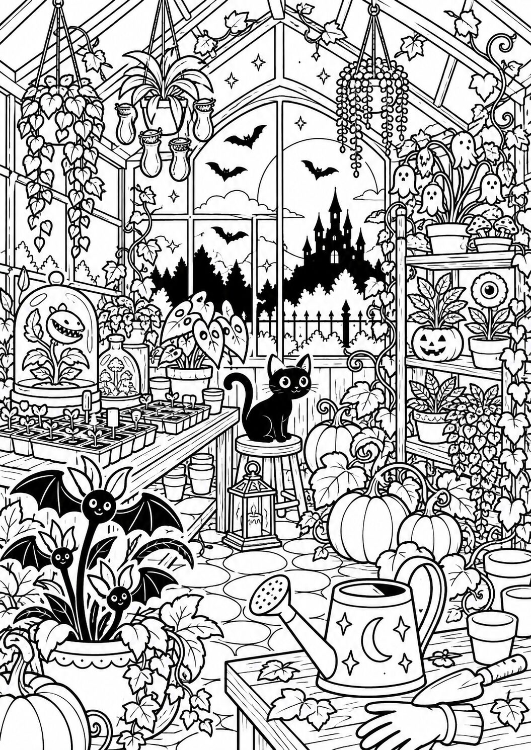 A Halloween greenhouse coloring page with mystical plants, a black cat, pumpkins, and bats flying against a spooky castle backdrop. Ideal for kids who love Halloween and imaginative coloring activities.