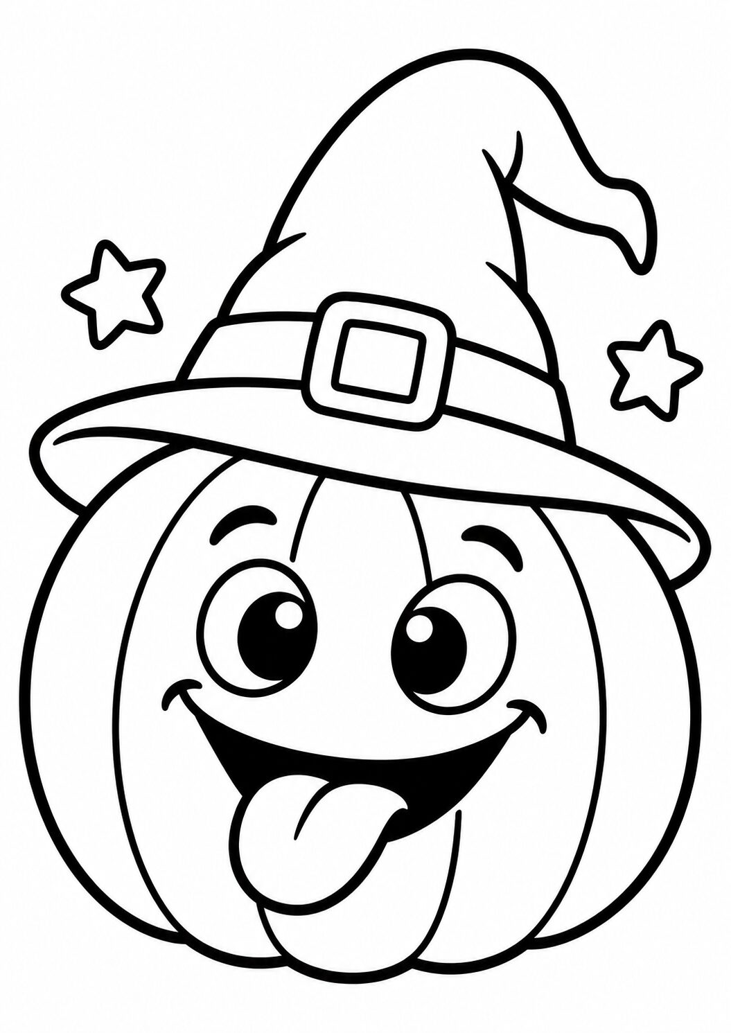 A Halloween pumpkin with a comical expression and tongue out, wearing a witch hat, ready for kids to color. Two stars frame the pumpkin, adding to the festive design.
