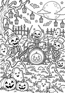 Children's coloring page of a Halloween skeleton band playing instruments with pumpkins, gravestones, and bats in a spooky nighttime setting.