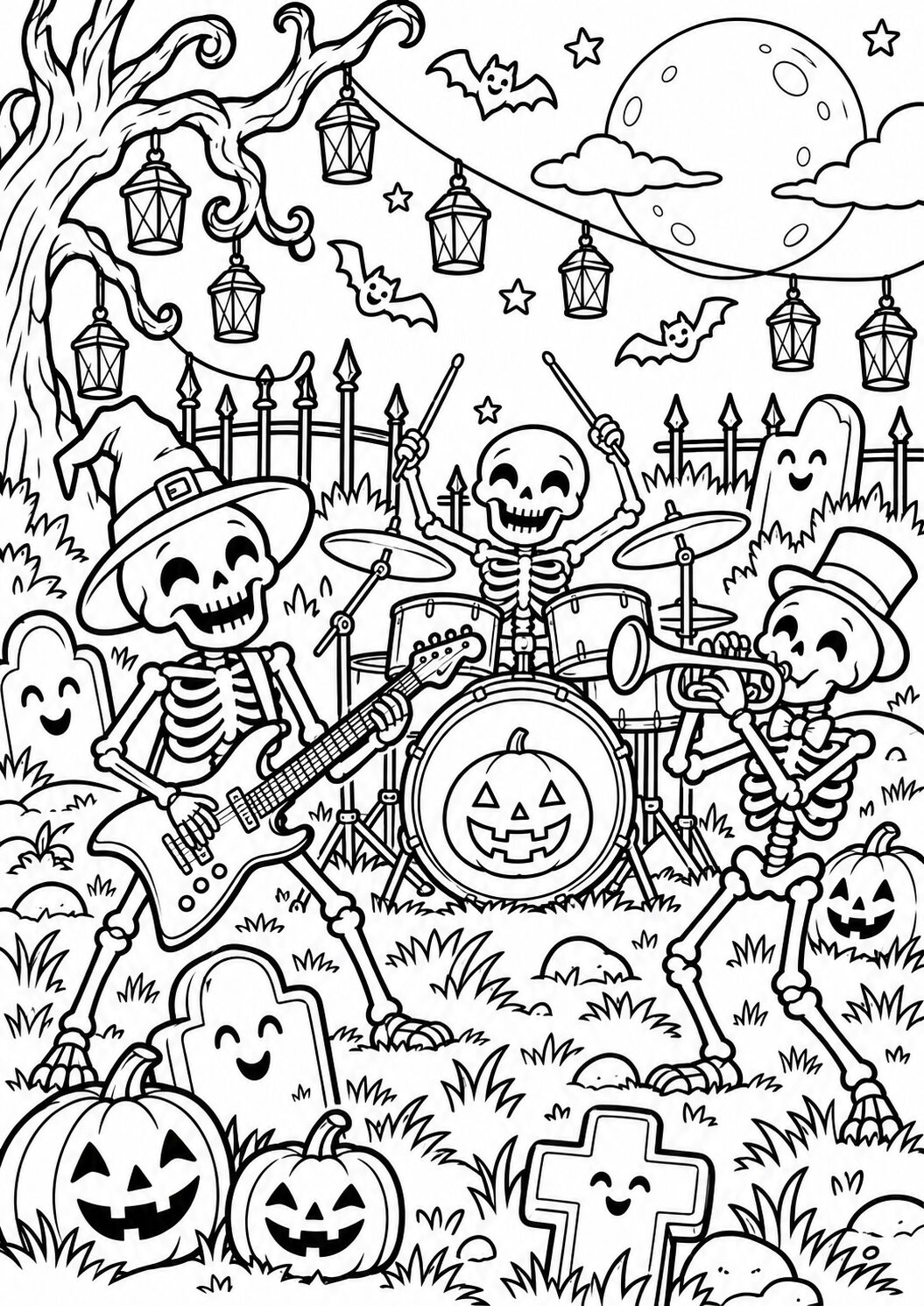 Children's coloring page of a Halloween skeleton band playing instruments with pumpkins, gravestones, and bats in a spooky nighttime setting.