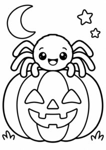 A charming spider happily sits on a jack-o'-lantern, with stars and a crescent moon highlighting the Halloween theme. Kids can enjoy coloring this delightful scene of festive fun.