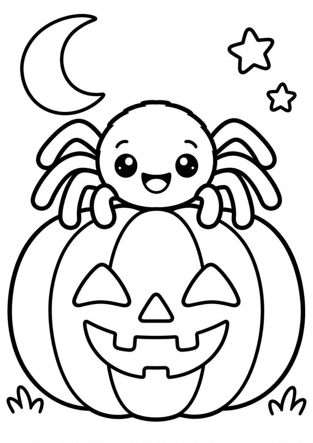 A charming spider happily sits on a jack-o'-lantern, with stars and a crescent moon highlighting the Halloween theme. Kids can enjoy coloring this delightful scene of festive fun.