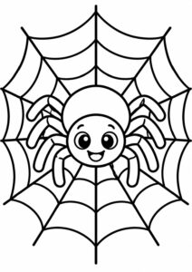 A cute Halloween coloring page of a smiling spider on a detailed web. Children can add their favorite colors, enhancing creativity and holiday excitement. Perfect for a festive activity.
