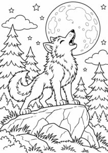A werewolf stands on a rock howling at the moon under a star-filled sky. Children can color the werewolf and surrounding trees, capturing a Halloween scene.