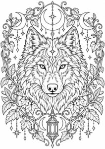 Halloween wolf head portrait coloring page with detailed decorative elements like crescent moons, stars, and leaves. Ideal for children's creative coloring activities, offering a magical and artistic experience.