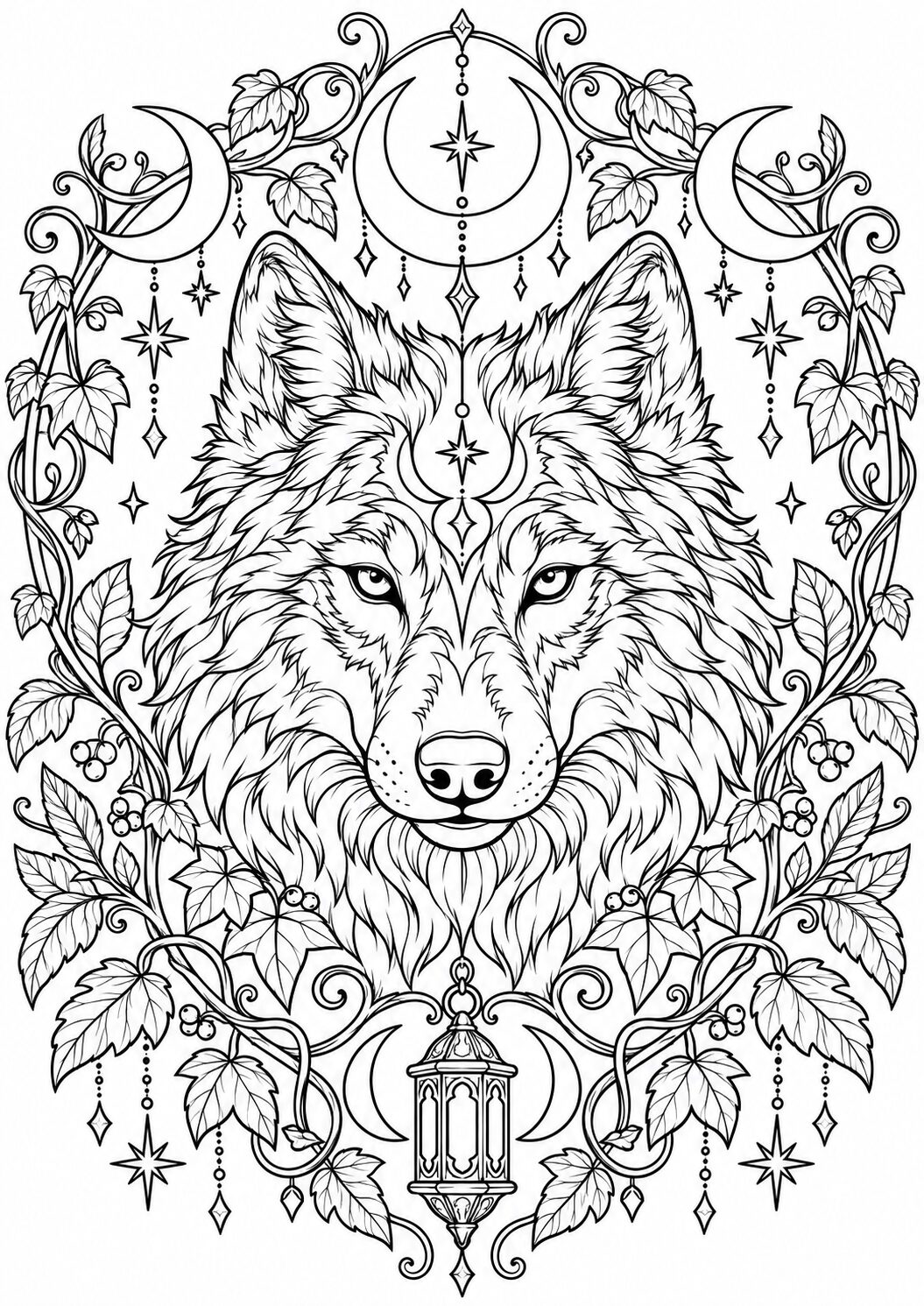 Halloween wolf head portrait coloring page with detailed decorative elements like crescent moons, stars, and leaves. Ideal for children's creative coloring activities, offering a magical and artistic experience.