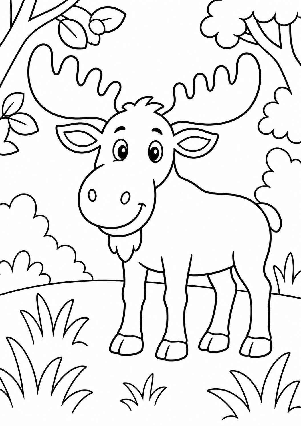 A delightful children's coloring page showcasing a moose standing happily in a forest, surrounded by trees and bushes, perfect for kids to add color and creativity to their day.