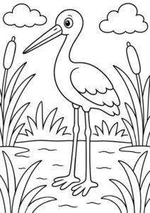 A black-and-white illustration of a stork standing in a wetland. The scene includes surrounding reeds and clouds, offering an engaging space for children to add color and bring the image to life. Suitable for all age groups.