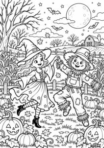 A witch and a scarecrow are dancing together in a field of pumpkins under a full moon. The scene is lively with bats flying in the sky, leaves falling, and a distant barn enhancing the Halloween theme.