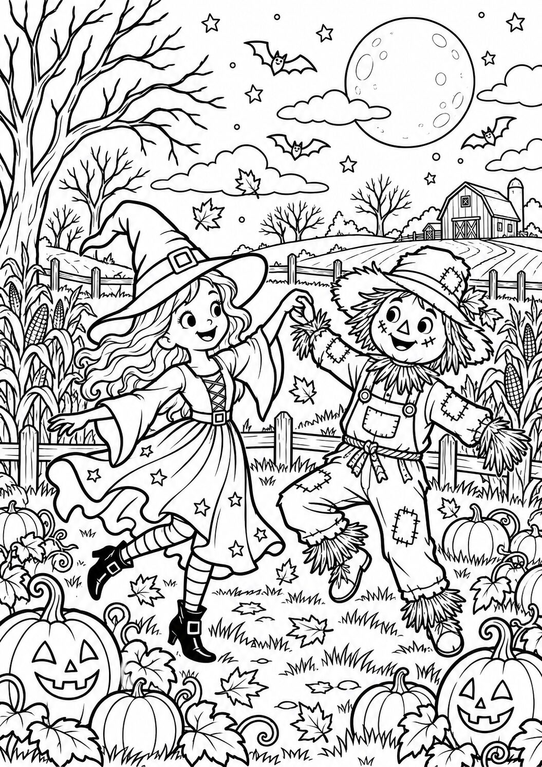 A witch and a scarecrow are dancing together in a field of pumpkins under a full moon. The scene is lively with bats flying in the sky, leaves falling, and a distant barn enhancing the Halloween theme.
