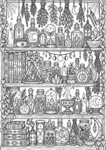 The coloring page showcases a witch's apothecary shelf brimming with potion bottles, hanging herbs, mystical crystals, and candles. It's a detailed scene perfect for children to color during Halloween, enhancing their creativity and imagination while exploring mystical themes.