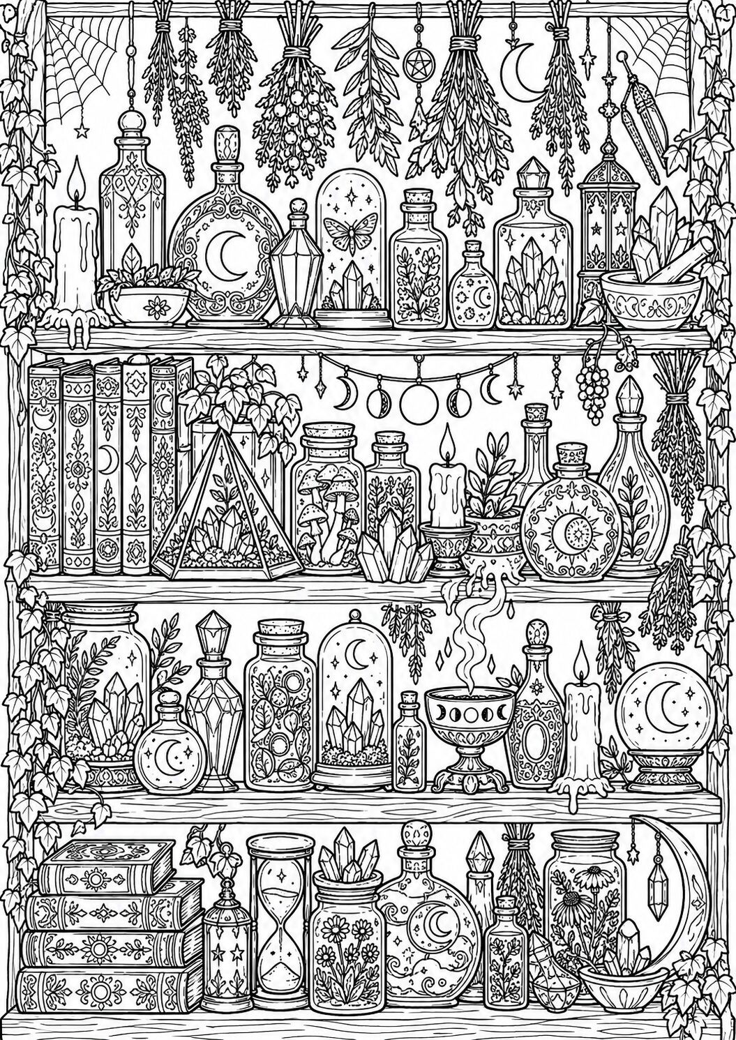 The coloring page showcases a witch's apothecary shelf brimming with potion bottles, hanging herbs, mystical crystals, and candles. It's a detailed scene perfect for children to color during Halloween, enhancing their creativity and imagination while exploring mystical themes.